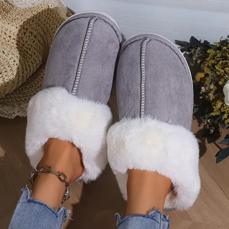 2024 Winter Warm Flat Fur Slippers Women Faux Suede Fluffy Furry Home Slides Woman Comfort Non Slip Indoor Floor Cotton Shoes