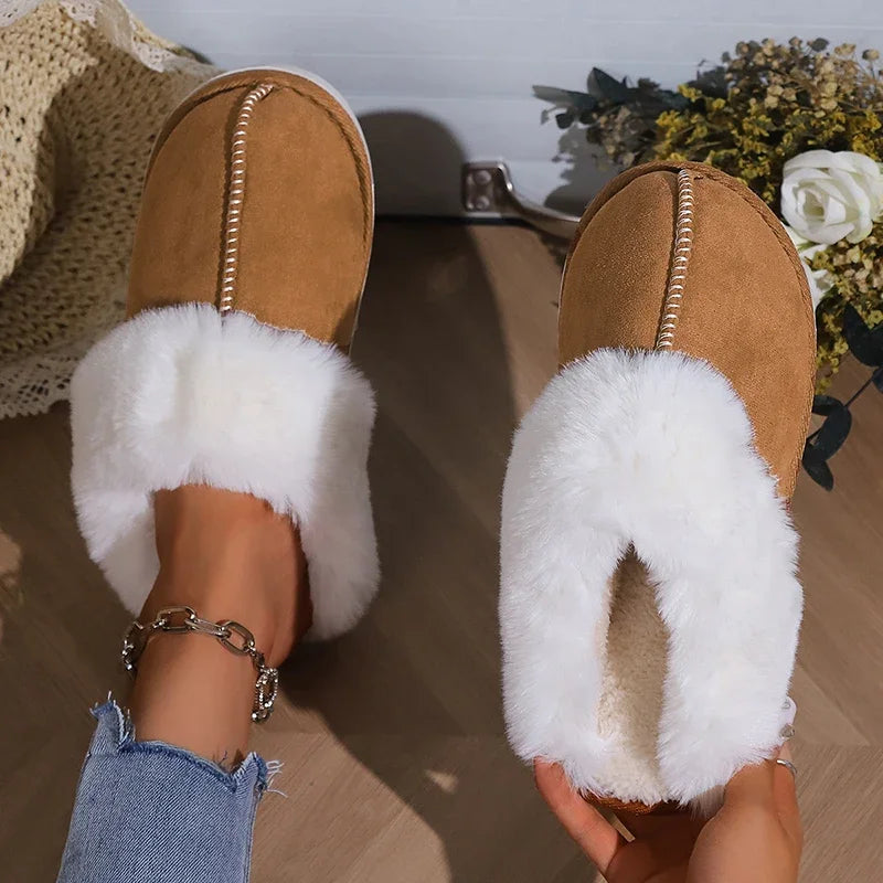 2024 Winter Warm Flat Fur Slippers Women Faux Suede Fluffy Furry Home Slides Woman Comfort Non Slip Indoor Floor Cotton Shoes